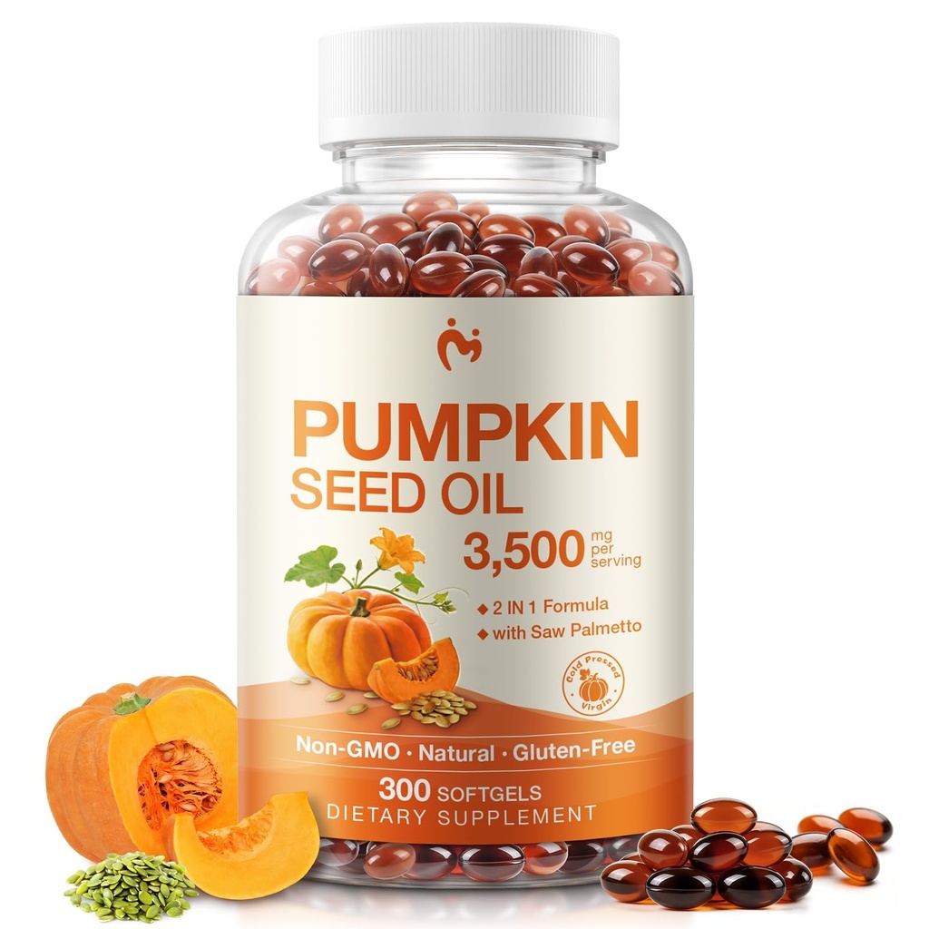 MOSRAY Pumpkin Seed Oil with Saw Palmetto Capsules - 3500mg Max Strength per Serving, 300 Softgels, Cold Pressed, Pure Virgin Oil - Supports Hair, Urinary, Bladder & Prostate Health, Non-GMO