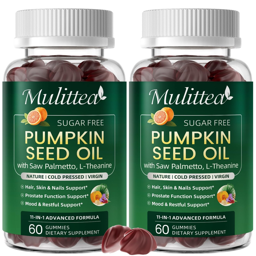 (2 Pack) Pumpkin Seed Oil with Saw Palmetto Gummies, Plus L-Theanine for Mood, Hair & Prostate Support* -Virgin Cold Pressed, Essential Fatty Acids & Phytosterols |Non-GMO| for Women & Men-60 Chews