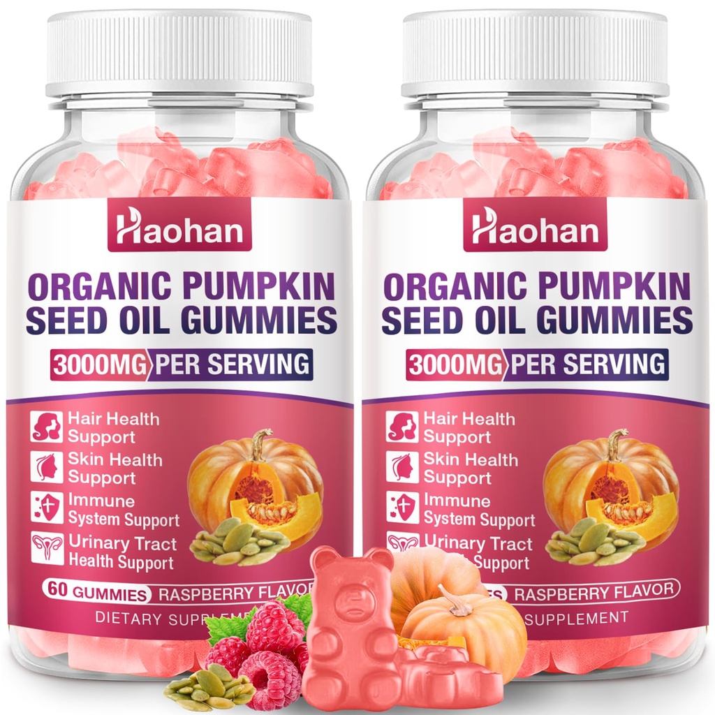 Haohan Pumpkin Seed Oil Gummies with Saw Palmetto for Hair Growth in Women & Men - Organic Hair Skin & Nails Supplement with High-Purity Extract - Sugar-Free, Non-GMO, Raspberry Flavor, 120 Count