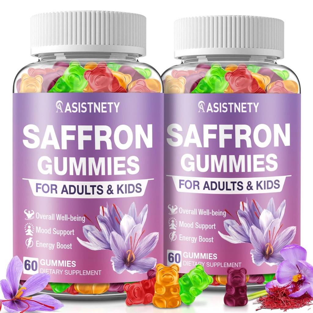 Saffron Gummies for Kids & Adults 88.5mg Saffron Extract, Cαlm, Focus & Mood Support, Saffron Supplement with L-Theanine, St.John's Wort, Lemon Bαlm, Magnesium, Gentle Nerve & Rest Support (Pack of 2)