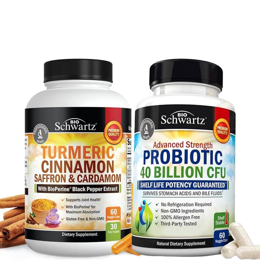 Turmeric Supplement with Saffron Cinnamon and Cardamom (1 Month Supply) Plus 40 Billion CFU Daily Probiotic Supplement (1 Month Supply)