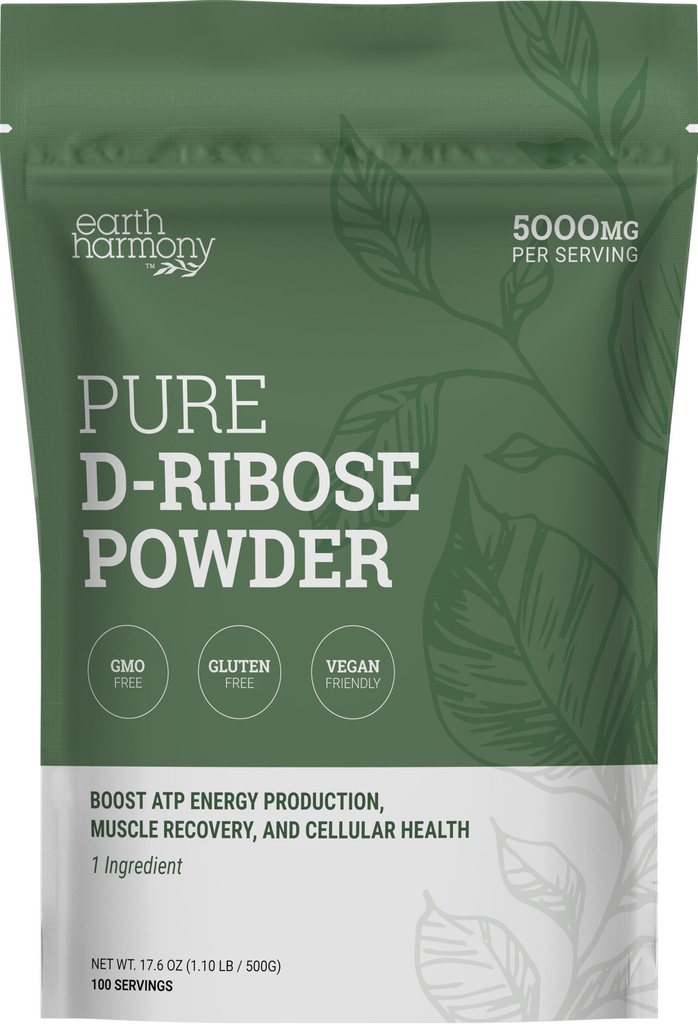 Earth Harmony D-Ribose Powder 5000mg - Great for Exercise Performance, Post-Workout, and Heart Health - Similar to D Ribose Capsules - 17.6 Oz