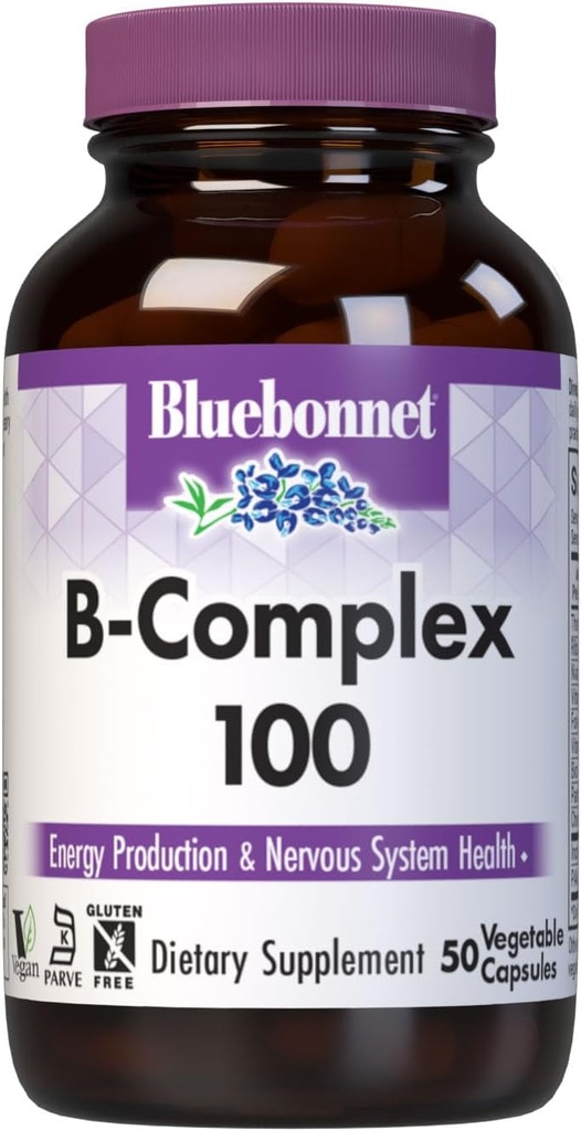 Bluebonnet Nutrition B Complex 100 Daržovių kapsulės, Pilnas pilnas spektras, Vitaminas B6, B12, Biotinas, Folatas, Veganas, Vegetaras, Gluten Free, Soy Free, Milk Free, Kosher, 50 Daržovių kapsulės