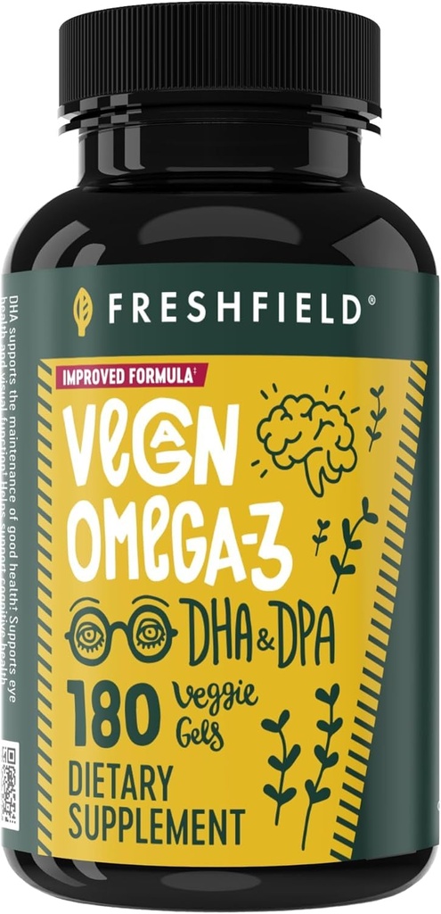 Freshfield Vegan Omega 3, Algae (Algal) Oil, Fish Oil Free Company, Third Party Tested, Carrageenan Free, DHA Supplement w/DPA, Plant Based Omega. Supports Heart, Brain, Joint Health. Lemon Scent