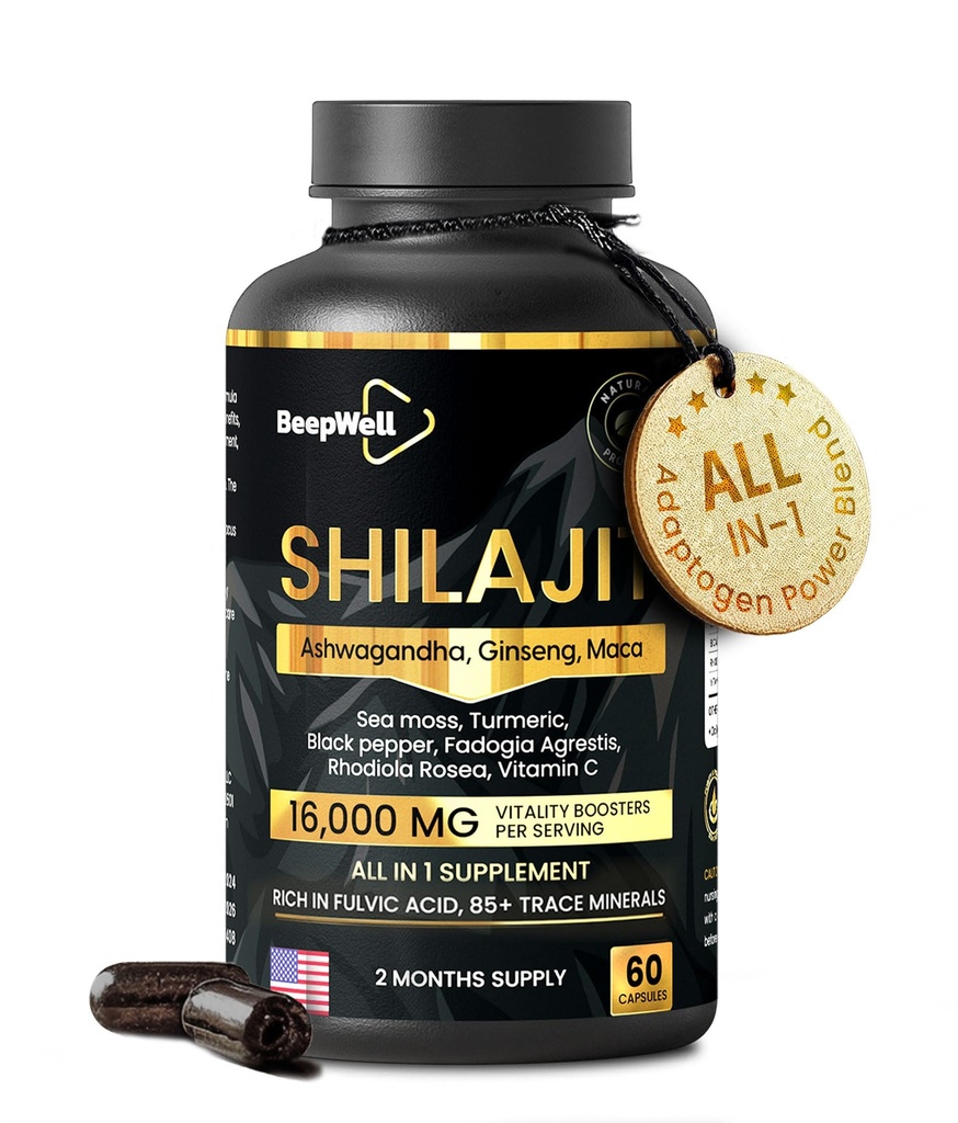 Shilajit Capsules for Men & Women, 16,000mg Pure Himalayan Organic Shilajit Supports Vitality and Wellness,Premium Pure Himalayan Supplement 2 Months Supply, 60 Capsules