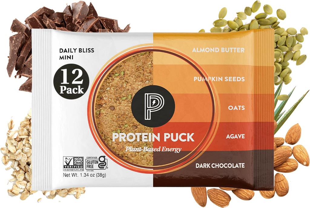 Protein Puck Vegan Plant based Protein Bar – Natural Healthy Snack Bars, 12 Count, 1.34oz Mini, Gluten Free, Dairy Free, No GMO, Kosher – Daily Bliss - Dark Chocolate, Almond Butter, Sport Nutrition