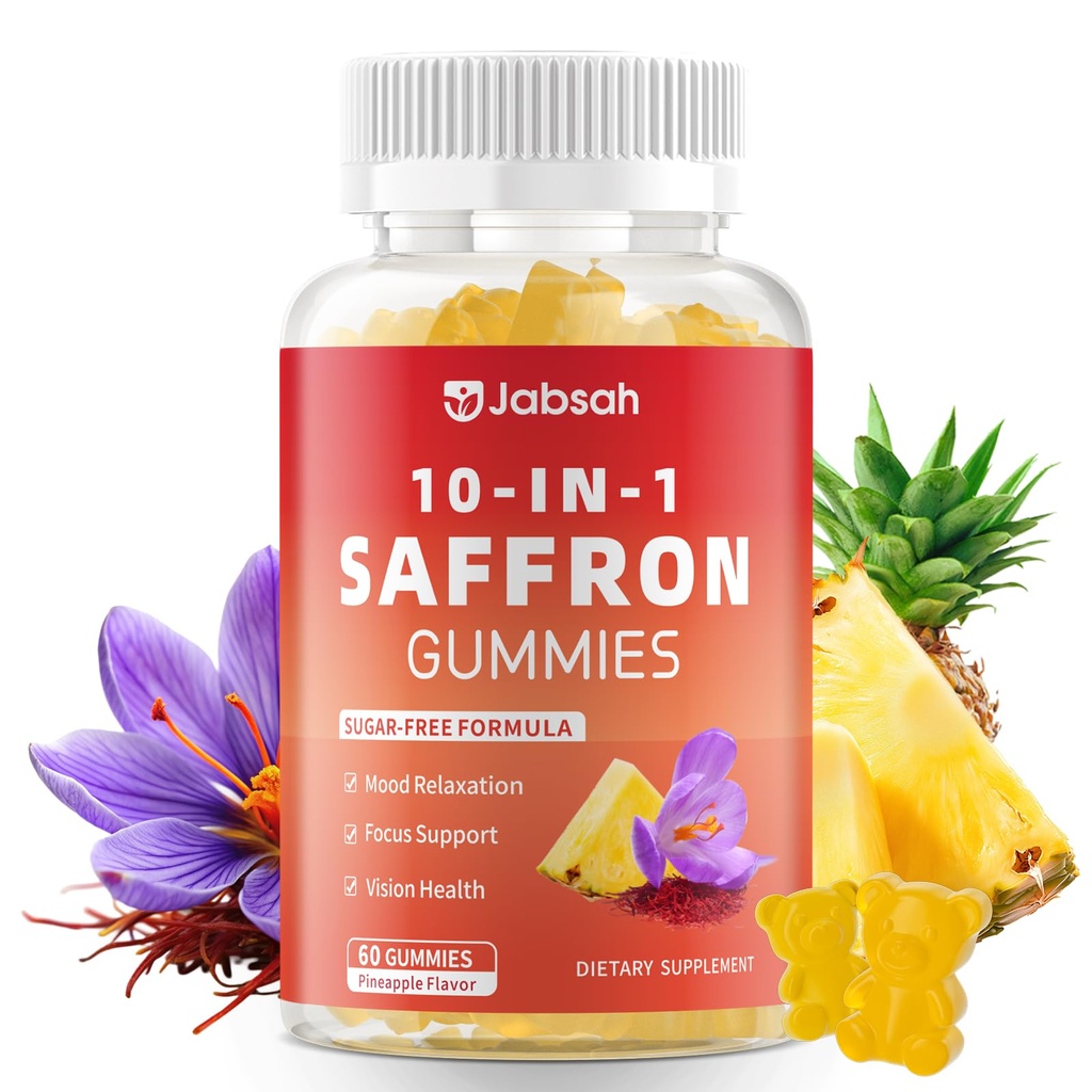 Saffron Gummies for Adult Kids, 10-IN-1 Saffron Supplements with Saffron Extract 88.5 mg, Vitamin D3, B6, B12, L-Theanine, St. John's Wort, Ashwagandha for Mood, Focus, Calm, Melatonin-Free, 60 Count