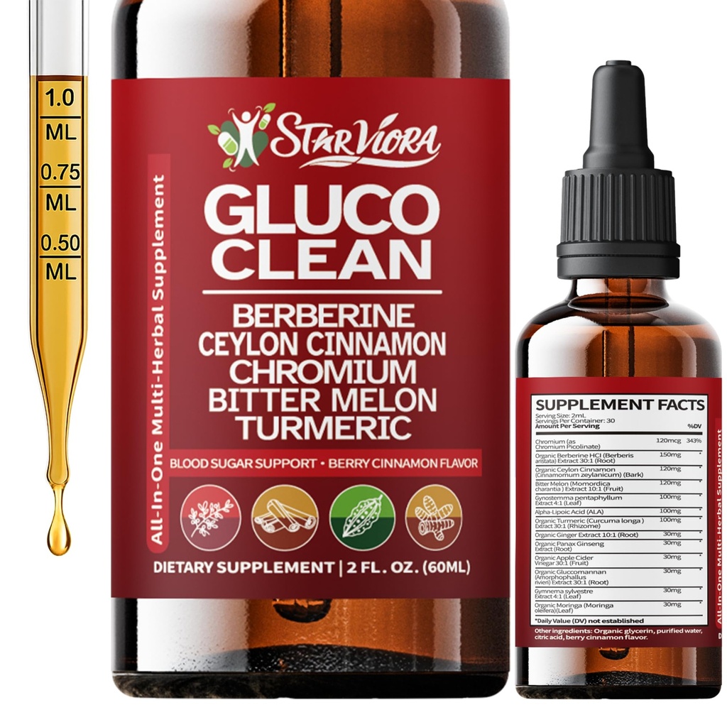 Gluco Clean Sugar-Free Herbal Blend with Berberine & Chromium, Bitter Melon, Ginseng and Alpha Lipoic Acid for Daily Wellness (2 Fl Oz (Pack of 1))