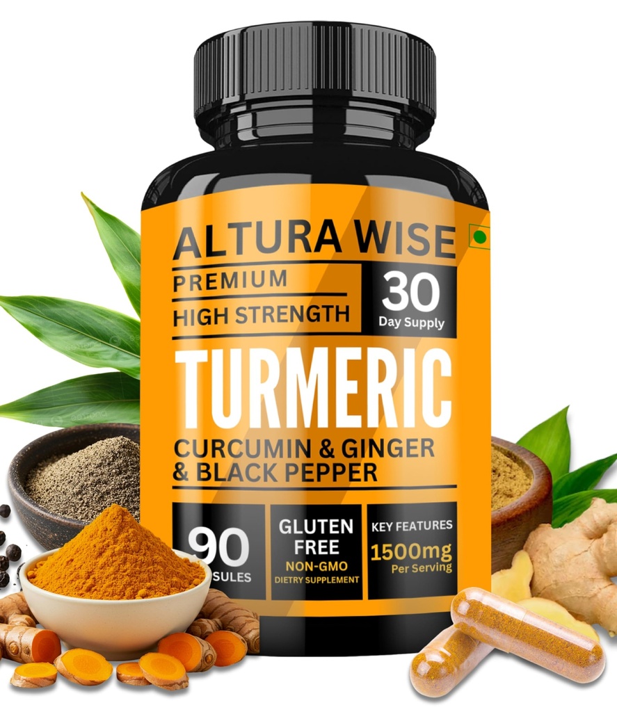 4 in 1 Organic Turmeric Capsules High Strength and Black Pepper with Active Curcumin with Ginger 1500mg - Advanced Tumeric - Each 90 Veg Capsule (3 Capsules per Serving)