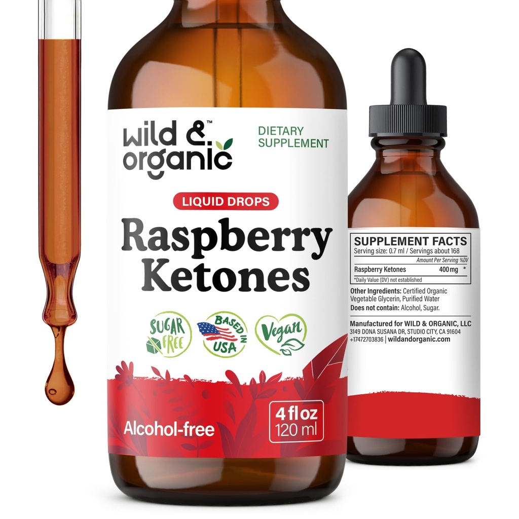 Wild & Organic Raspberry Ketones Liquid Drops - Vegan Raspberry Ketones Supplement for Overall Well-Being - 5-Month Supply - Non-GMO, No Alcohol & Sugar - 4 fl oz