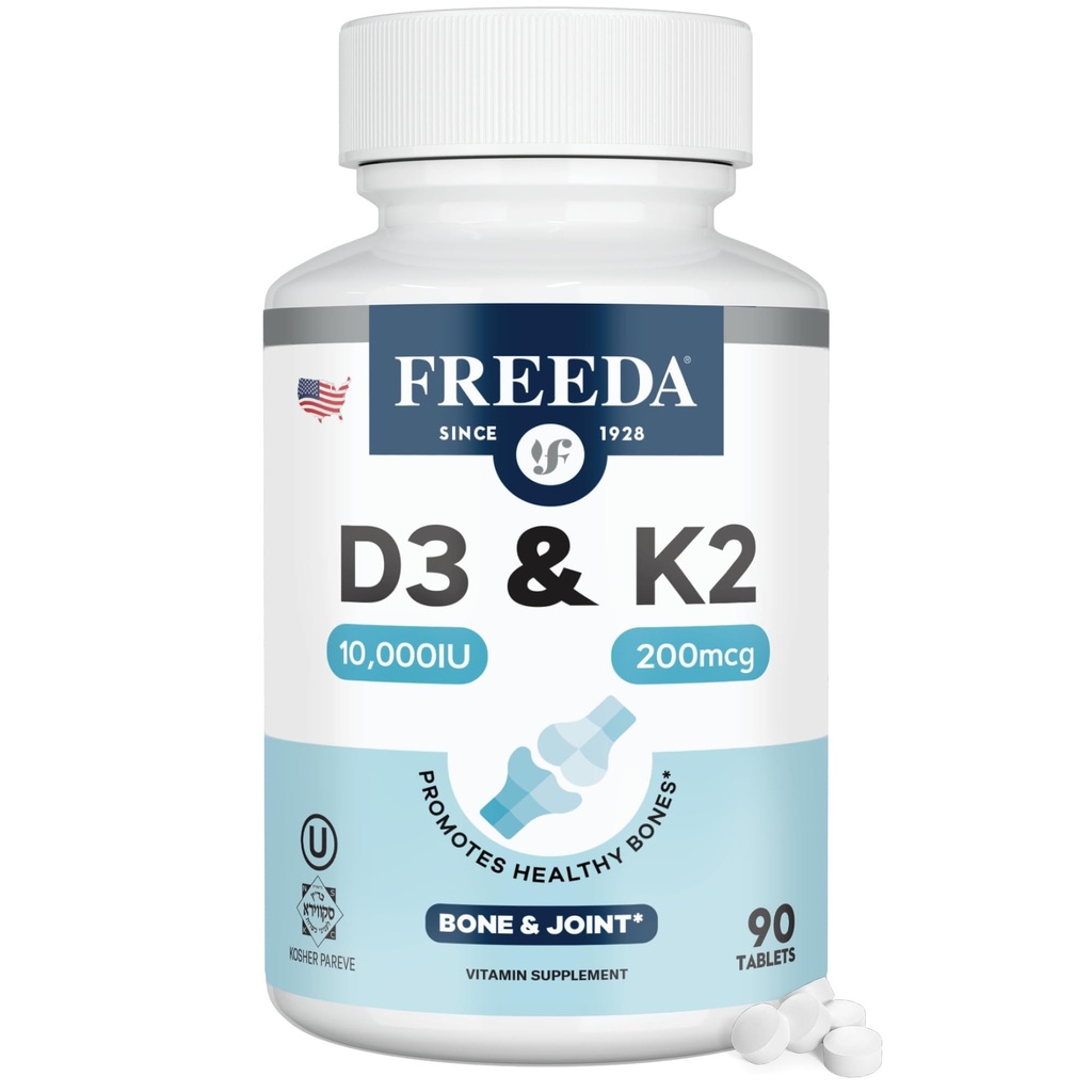 FREEDA Vitamin D3 with K2 Vitamin 10000 IU (250 mcg) + 200 mcg MK7 – High Potency VIT D3 K2 Supplement 10000IU for Bone & Joint Support – Supports Calcium Absorption – Made in USA (90 Tablets)