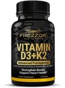 FREZZOR Vitamin D3 and K2 Caps, High Potency D3 2000IU and K2 (MK7) 80mcg, Unique VIT D3 from 100% New Zealand Sheep's Wool Lanolin. Cardiovascular Support & Bone Health, 60 Softgels 1 Month Supply