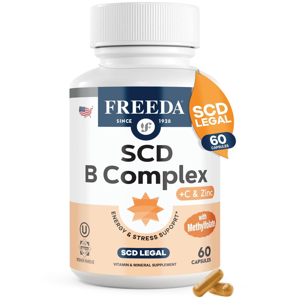 FREEDA Vitamin B Complex with Vitamin C & Zinc – Stress B Complex, Methylfolate & Active B12 + B1 B2 B3 B6 Biotin Choline – BComplex Vitamins for Women & Men – SCD Legal, Kosher, Vegan (60 Capsules)