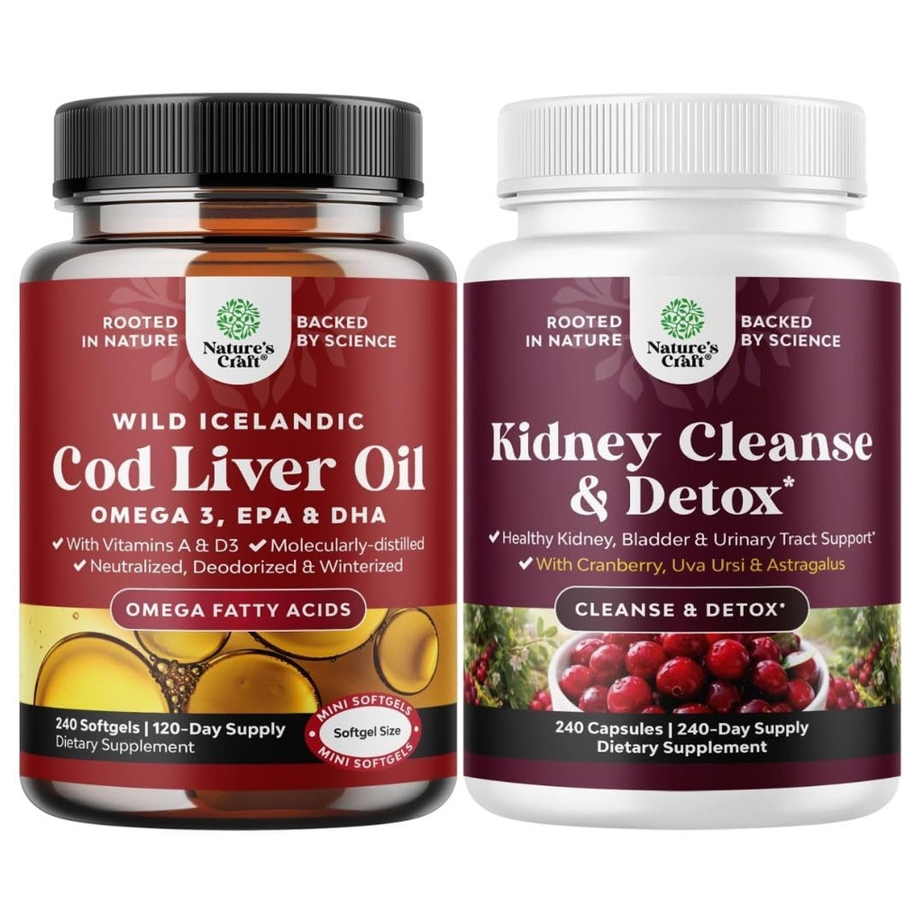 Bundle of Icelandic Wild Caught Cod Liver Oil Softgels - Fish Omega 3, EPA, DHA, Vitamin D & A and Advanced Kidney Support Supplement - Kidney Cleanse Detox & Repair Cranberry Extract Capsules