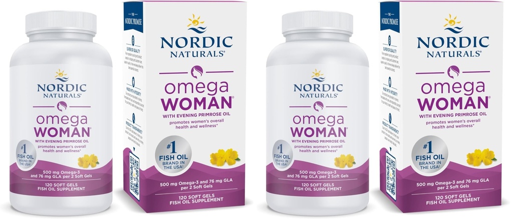Nordic Naturals Omega Woman, Lemon - 120 Soft Gels - 500 mg Omega-3 + 800 mg Evening Primrose Oil - Healthy Skin & Optimal Wellness - Non-GMO - 60 Servings (Pack of 2)