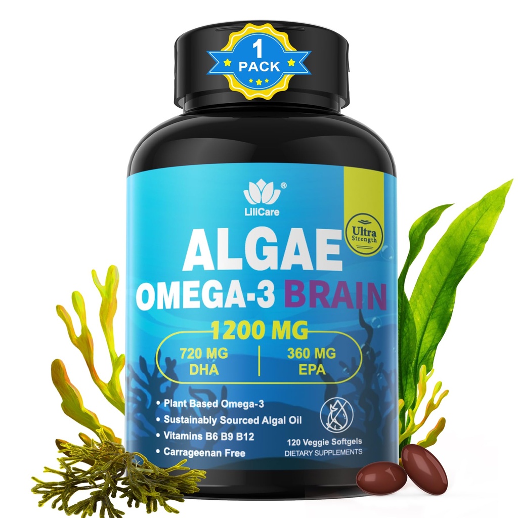 Vegan Omega 3 Supplement, Plant-Based Omega 3 DHA EPA w/Methylated B12, B6, B9, Vitamin E, Bacopa Monnieri, Ginkgo Biloba, 240cts Algae Oil Omega-3 Supplement for Brain, No Fish Taste, Non GMO, 2Pack