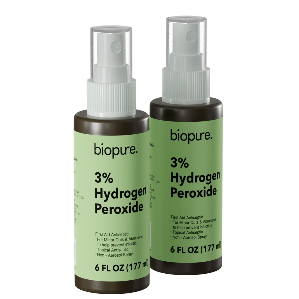 Biopure Hydrogen Peroxide 6 Fl Oz Spray – Convenient Non-Aerosol Spray Bottle with 3% Hydrogen Peroxide| Hydrogen Peroxide 3% First Aid Topical Antiseptic for Minor Cuts and Abrasions (2-Pack)