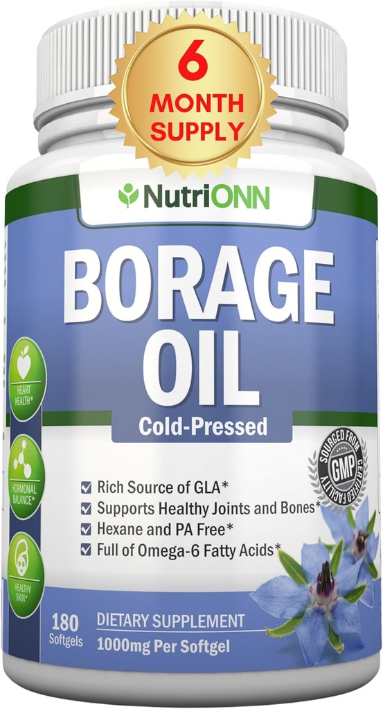 Borage Oil - 1000 mg - 180 Softgels - Cold Pressed High GLA Borage Dòng Dõi dầu - Hexene và PA Free - Great cho da, tóc và Bones.