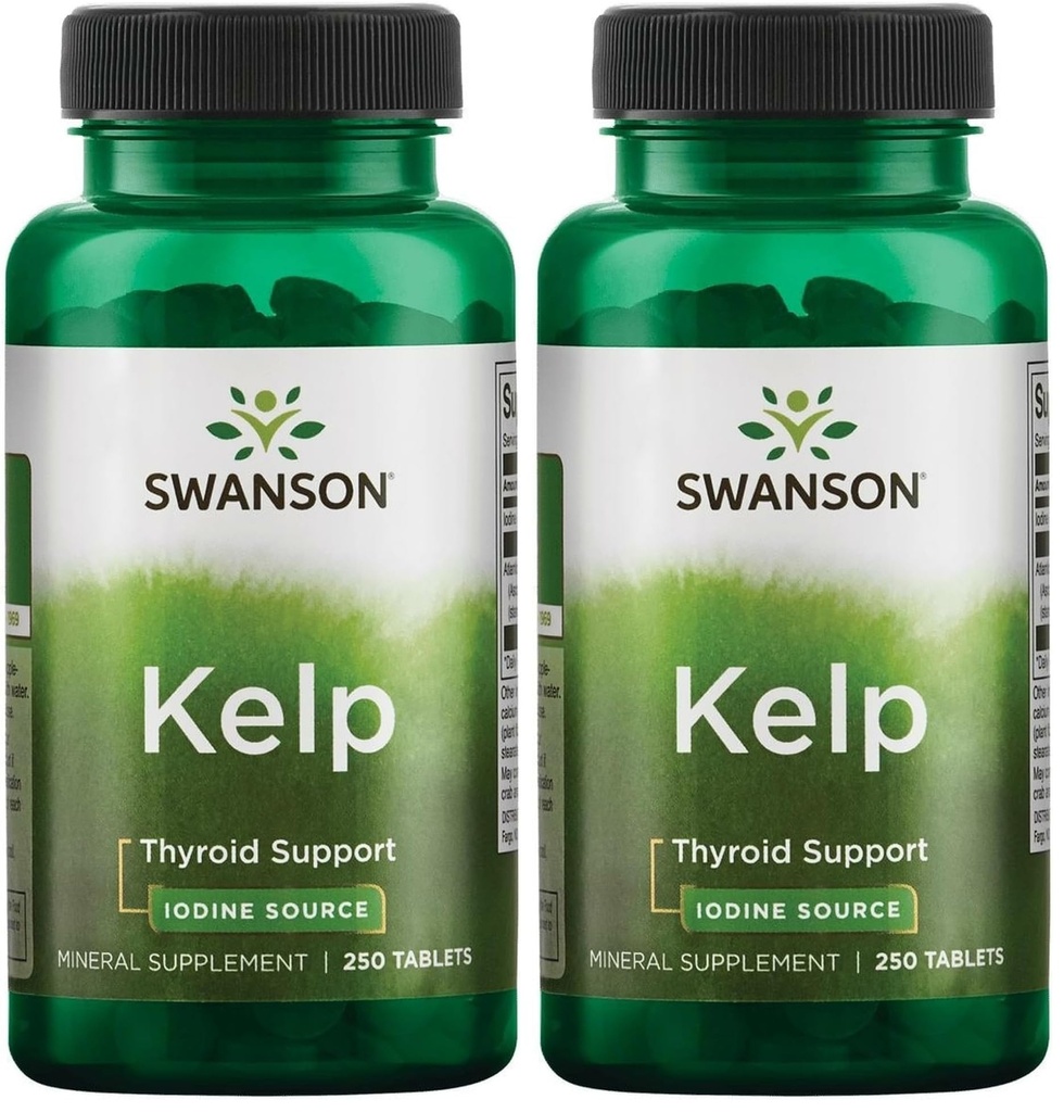 Swanson Premium Brand Kelp - Natural Iodine Source Supporting Thyroid Health - Mineral Supplement w/Iodine Source Standardized 0.4% - (250 Tablets, 225mcg Each) (Pack of 2)