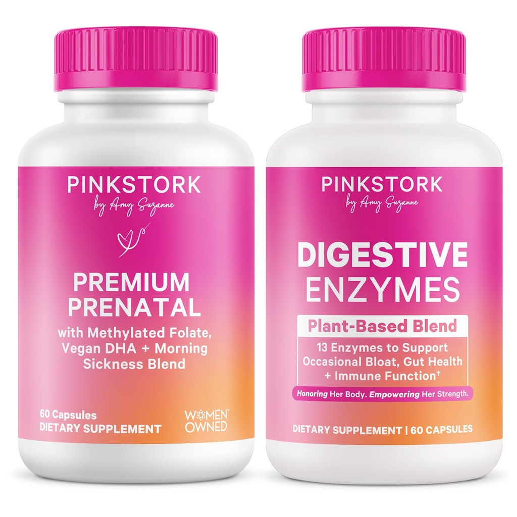 Pink Stork Prenatal Gut Health Bundle | Premium Prenatal Vitamin & Digestive Enzymes | Digestion, Morning Sickness, Bloating & Energy Support for Moms