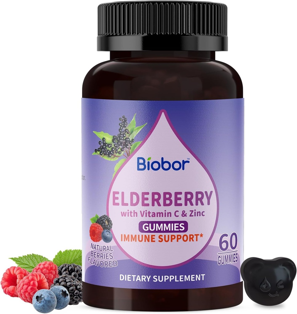 Natural Black Elderberry Gummies 150mg, Estratto di frutta di sambuco con vitamina C e zinco, Herbal ElderCraft® Gummies Supporto giornaliero per bambini e adulti, 60 Conte