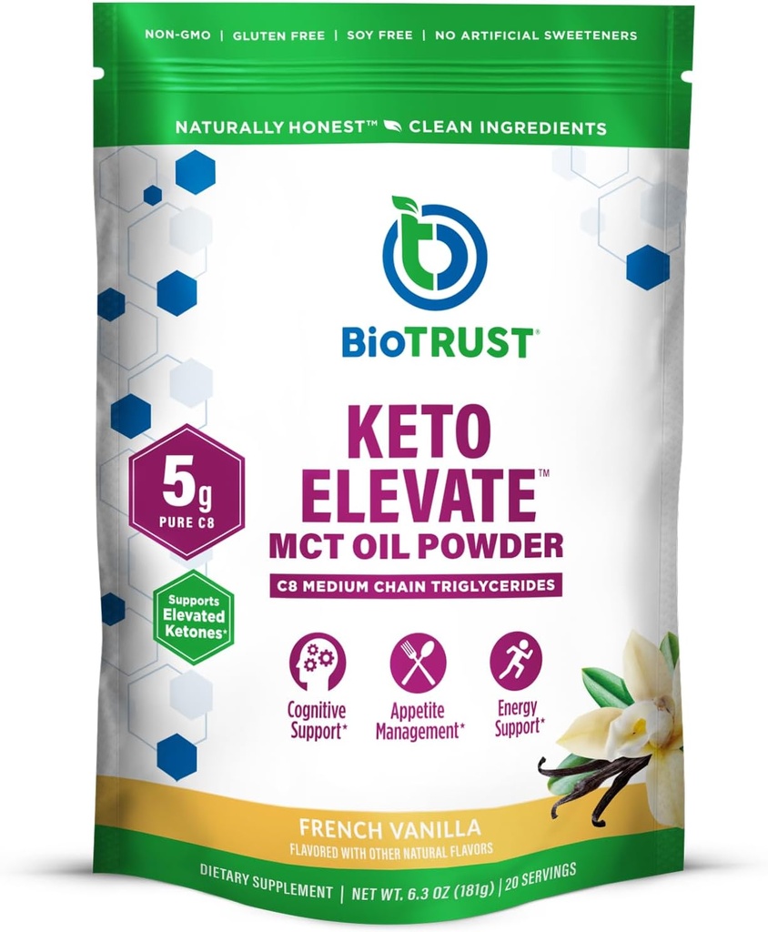 BioTrust Keto Elevate – C8 MCT Oil Powder – Ketogenic MCT Coffee Creamer, Keto Coffee Creamer – Clean Energy, Mental Focus, Clarity –100% Caprylic Acid MCT Powder, Non-GMO (French Vanilla, 20 Servings)