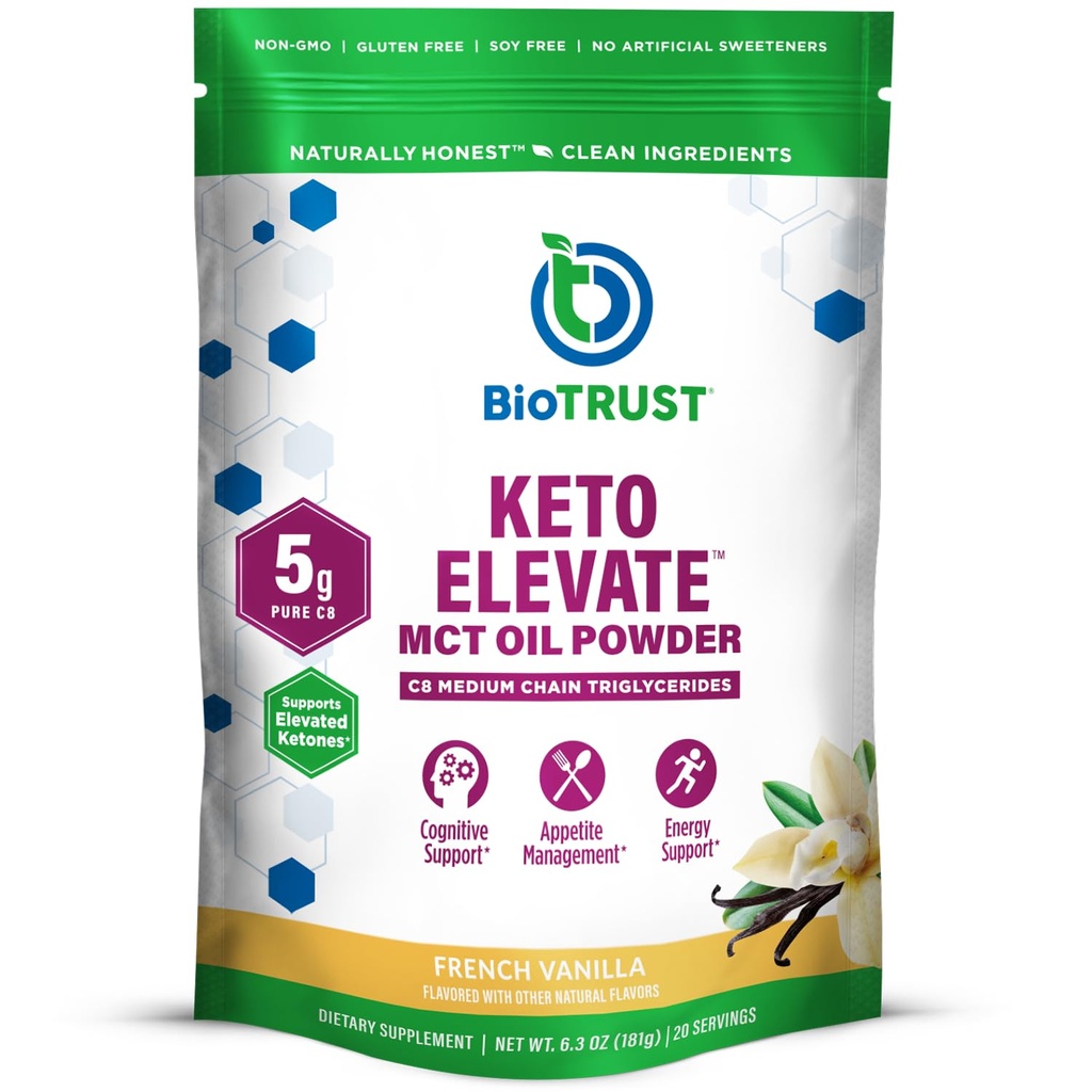 BioTrust Keto Elevate - C8 MCT Oil Powder - Ketogenic MCT Coffee Creamer, Keto Coffee Creamer - Clean Energy, Mental Focus, Clarity -100% Caprylic Acid MCT Powder, Non-GMO(French Vanilla, 20 Servings)