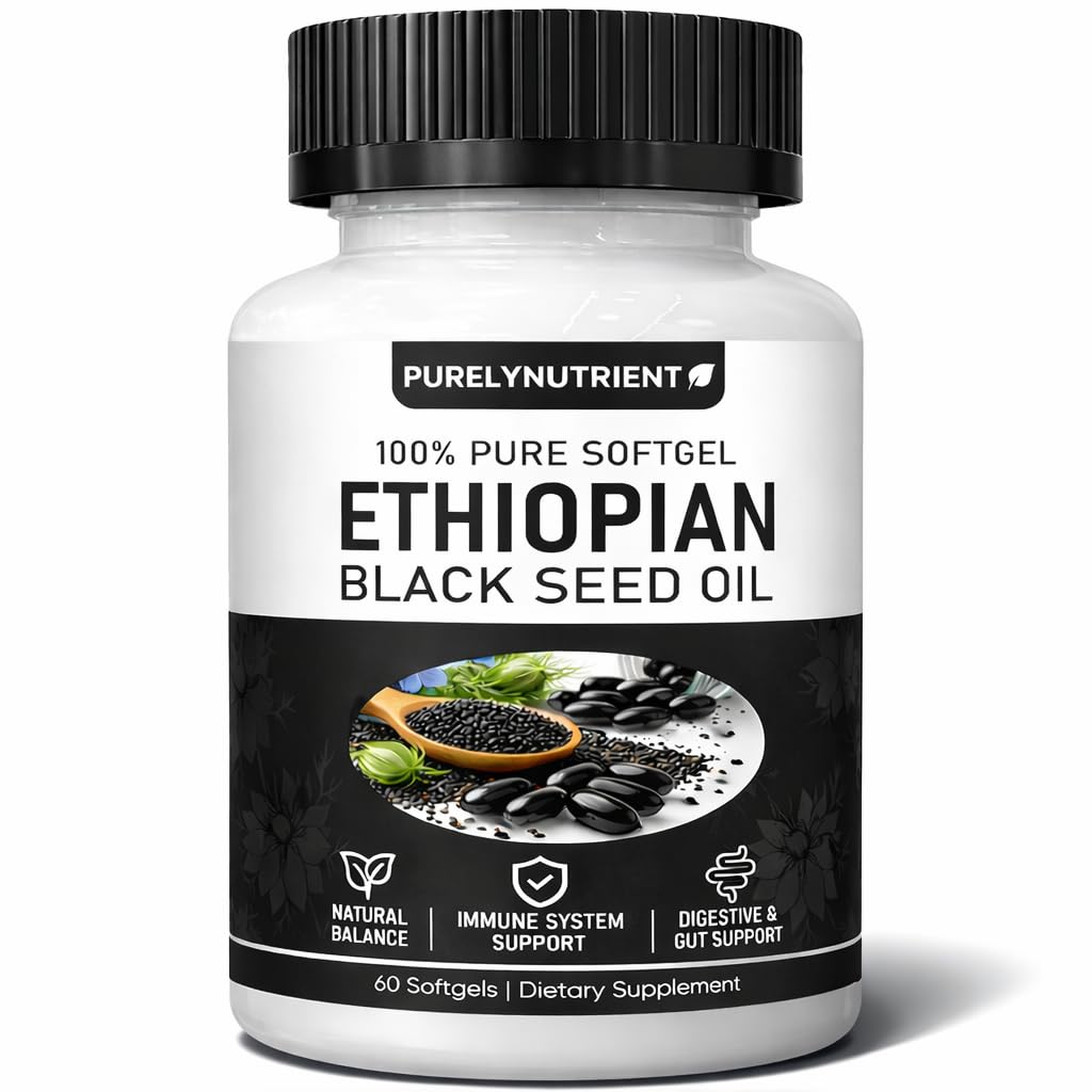 Ethiopian Black Seed Oil, Purely Nutrient Ethiopian BlackSeed Oil Capsules with Thymoquinone, Organic Cold-Pressed, 60 Softgels