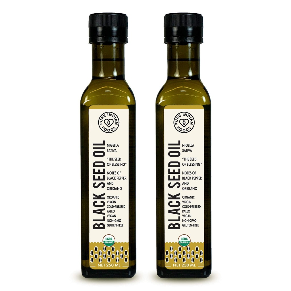 Certified Organic Black Seed Oil 250 ml, Cold-pressed Dark Glass Bottle, 2-Pack