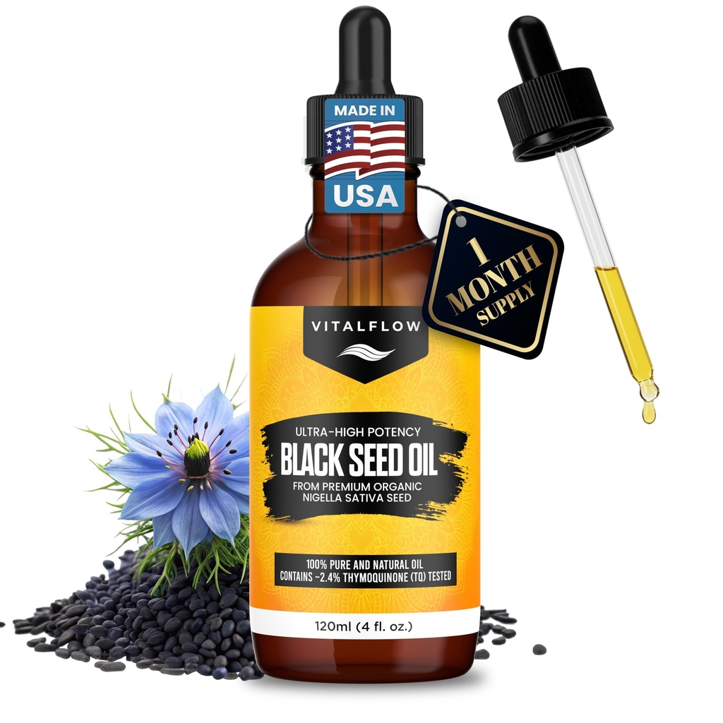 VITALFLOW Organic Black Seed Oil 120ml | 100% Pure and Natural Cold Pressed | Ultra High Thymoquinone Content | For Health, Hair, Nails, Skin, Joints | Black Cumin Seed Nigella Sativa Oil