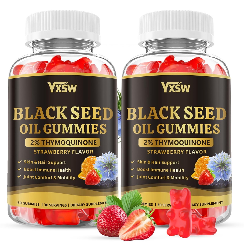 Black Seed Oil Gummies 500mg with Honey and 2% Thymoquinone, Nigella Sativa Seeds for Boost Immune Health, Joints, Digestion, Hair & Skin, Strawberry Flavor, 120 Count