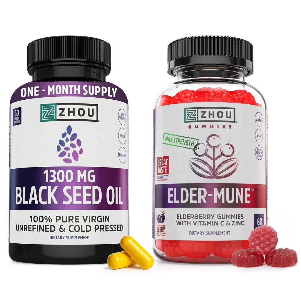 ZHOU Black Seed Oil Capsules & Elderberry Gummies with Vitamin C & Zinc - Black Cumin Seed Oil Cold Pressed, Nigella Sativa, Daily Immune Support Supplement for Women & Men - Pack of 2, 60 Count Each