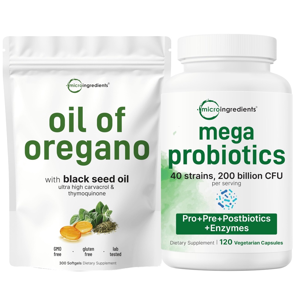 Micro Ingredients Oil of Oregano Softgels & Mega Probiotics 200 Billion CFU Veggie Capsules | 2 Pack Bundle | 4X Strength Thymoquinone + Black Seed | 40 Strains + Inulin, Acacia,& Bromelain