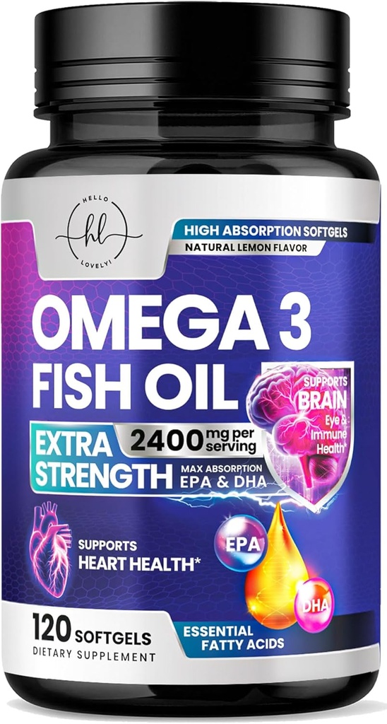Omega 3 鱼油补充剂 2400mg - 三重力量 Omega 3 脂肪酸,自然心脏健康脑与联合支持 - 脂肪酸与EPA & DHA - 野生抓鱼油补充剂 - 120 软胶