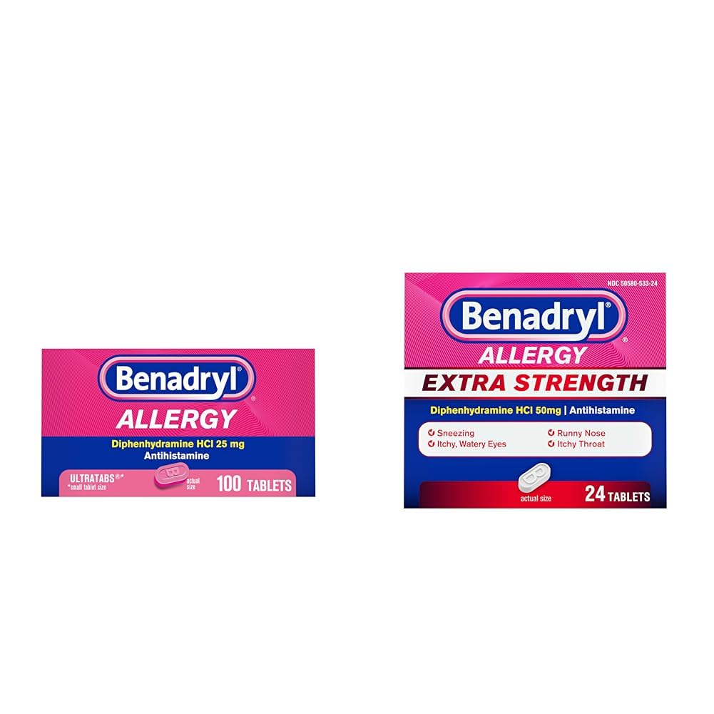 Benadryl Allergy Relief Tablets 100ct & Extra Strength Antihistamine 50mg Diphenhydramine 24ct