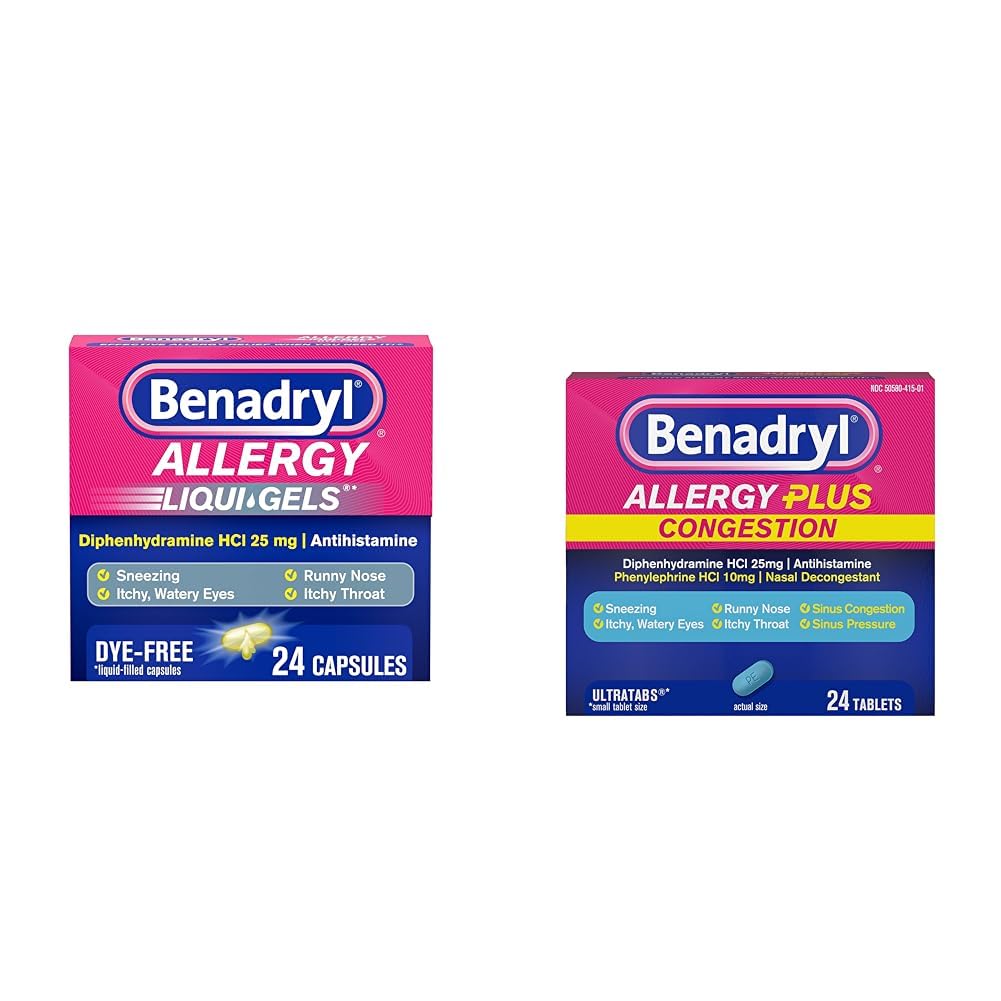 Benadryl Liqui-Gels Antihistamine Allergy Medicine & Cold Relief, Dye Free, 24 ct & Allergy Plus Congestion Ultratabs with Diphenhydramine