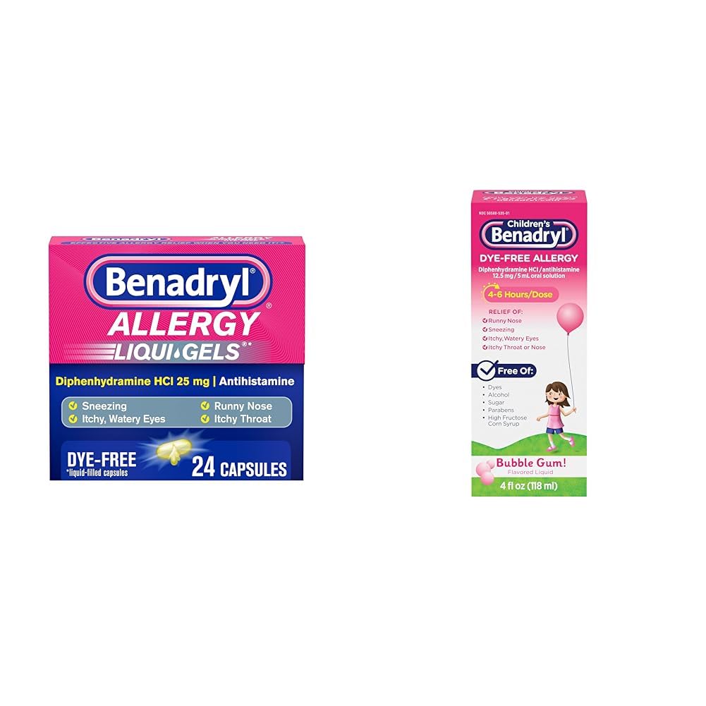 Benadryl Liqui-Gels Antihistamine Allergy Medicine & Cold Relief, Dye Free, 24 ct & Children's Dye-Free Allergy Liquid Medication