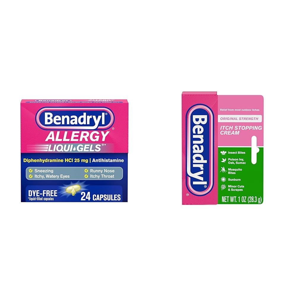 Benadryl Allergy Relief Liqui-Gels (24 ct) & Itch Stopping Cream (1 oz) for Outdoor Itch Relief