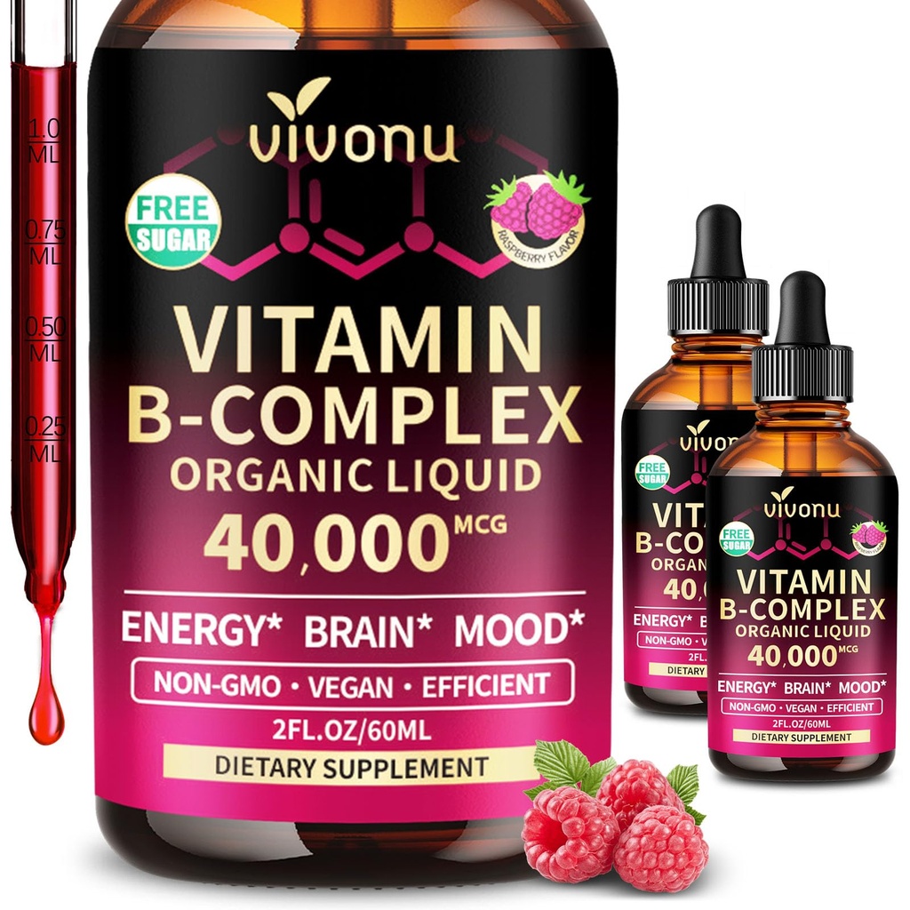 VivoNu Vitamin B Complex Liquid Drops, Methylated Vitamin B12 6000 mcg, B1, B6, B3, B5, B2, Folate, Biotin, Magnesium, Zinc, CoQ10 for Metabolism* & Energy Support, Raspberry Flavor - 2 Bottle