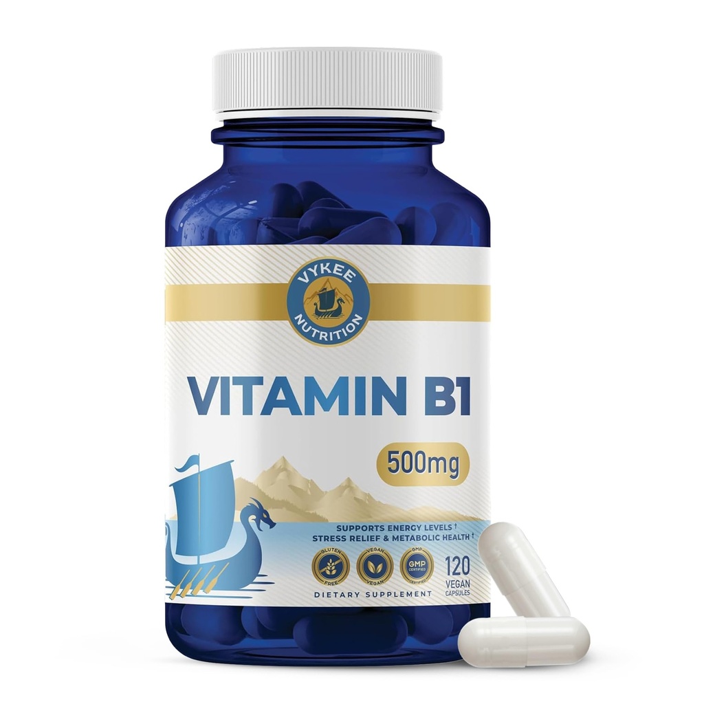 Vykee Nutrition Vitamin B1 (Thiamine) Capsules – Supports Energy Metabolism & Nervous System Health – Vegan, Non-GMO, Gluten-Free – 500 mg, 120 Count
