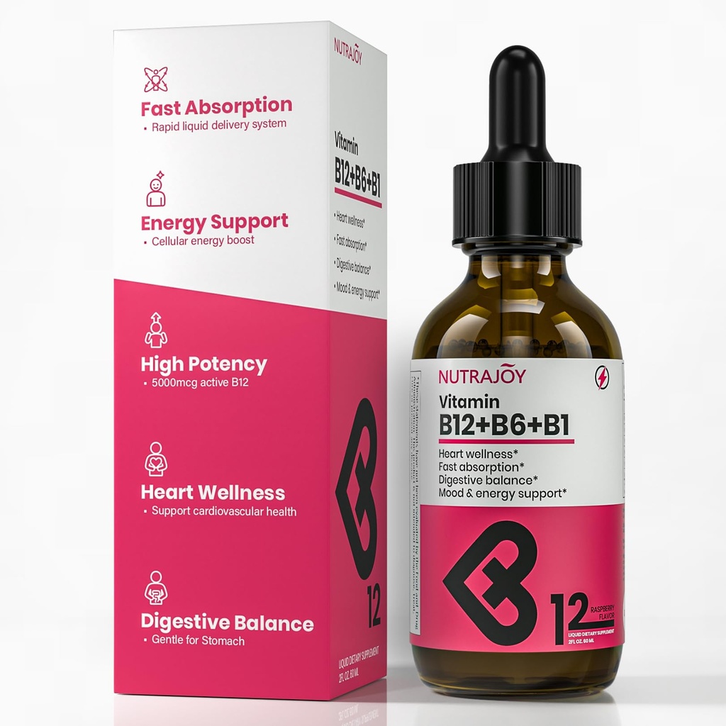 B12 B6 B1 Vitamin Liquid Drops for Women, Sublingual, Vitamin Complex - B12 Methylcobalamin for Energy, Brain, and Heart Support - 5000 mcg, Raspberry, Vegan, 2 fl oz