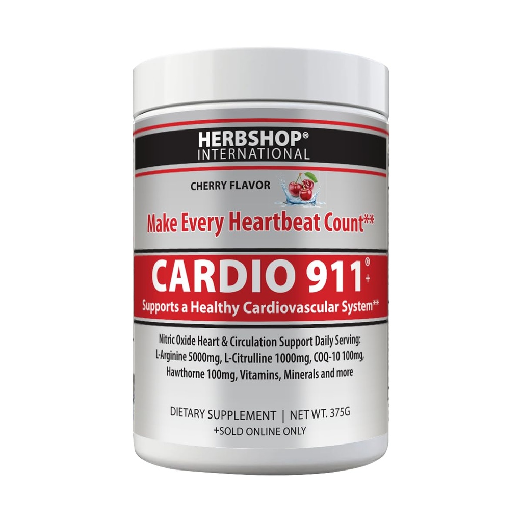 Cardio 911® Nitric Oxide Heart & Circulation Support - 5000mg L-Arginine & 1000mg L-Citrulline - Cherry, 30 Servings Powder, 375 Grams - CoQ10 Beet Root - High Potency Cardiovascular Formula