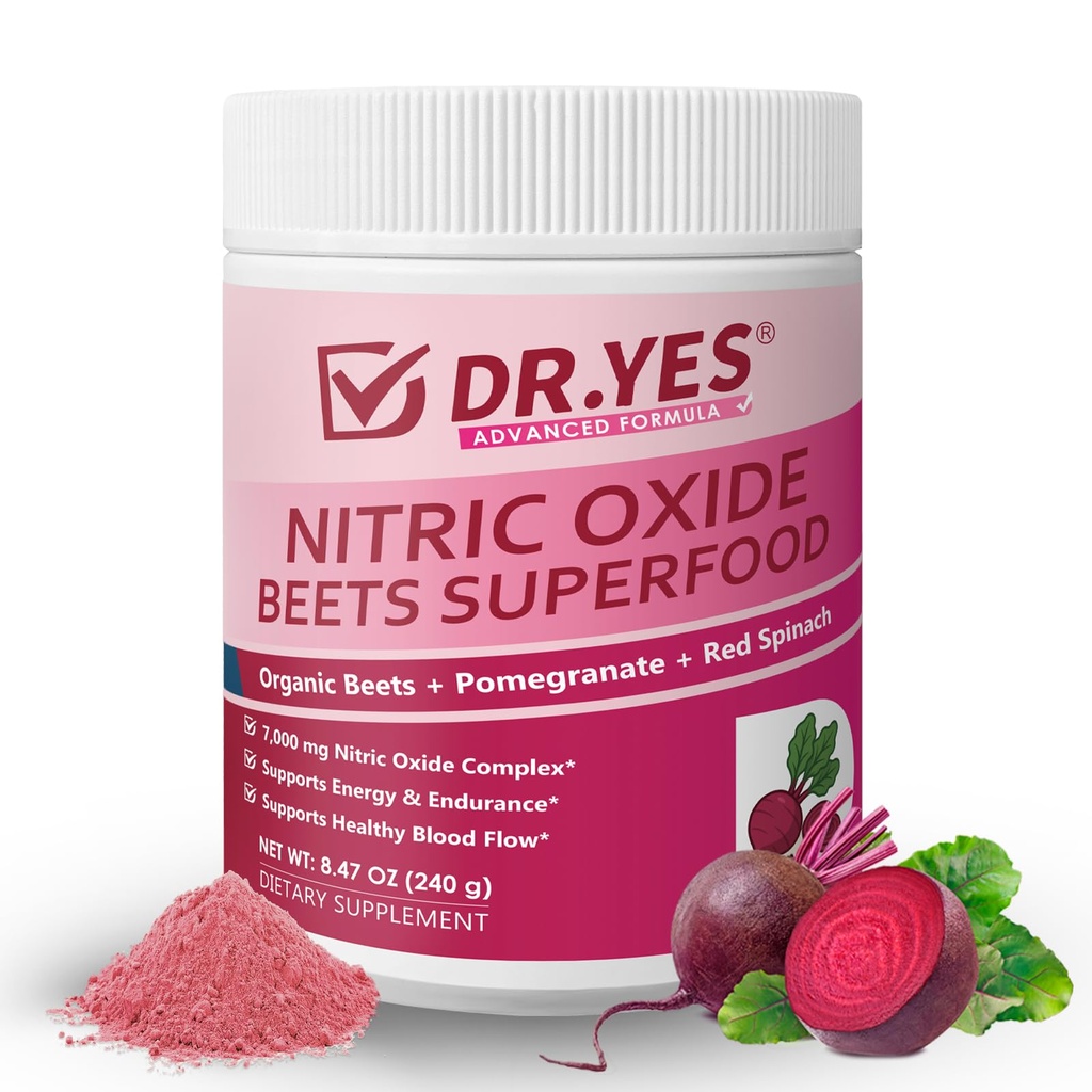 DR.YES Organic Beet Root Nitric Oxide Powder - Supports Energy, Endurancet, Heart Health & Circulation for Smoothie, Baking & Juice, Vegan, Non-GMO, Gluten-Free (8.47oz / 240g)