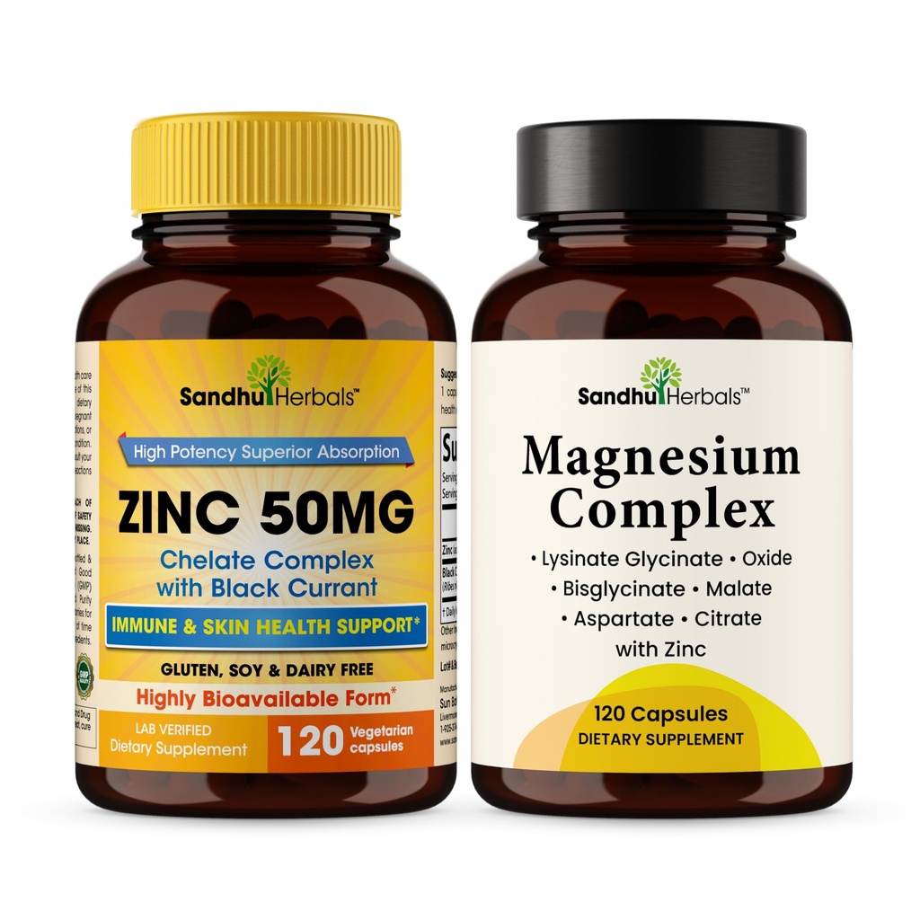 SANDHUHERBALS Zinc 50mg Bundle with Magnesium Complex 6 in 1 Supplement | Supports Immune, Muscle Health & Quality Sleep | for Men & Women
