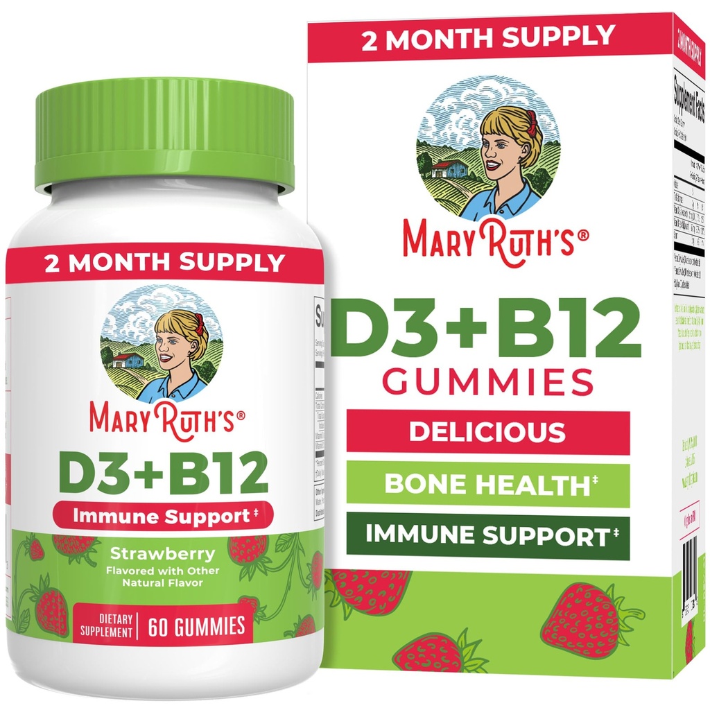 MARYRUTH'S Vitamin D3 + B12 Gummies for Ages 4+ | Bone Health | Immune Support | Energy Metabolism | Cognitive Function | Vegan | Non-GMO | Gluten Free | 60 Servings | 2 Month Supply