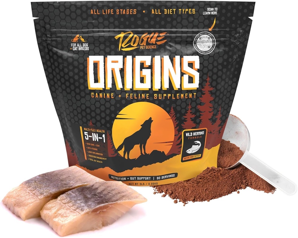ROGUE PET SCIENCE Origins 5-i-1 Dog Supplement - Powdered Food Topper w/Natural Omega 3 Fish Oil - Stöder Hälsosam Digestion, Hud och Coat - Hjälper till att minska kläckning och gemensam inflammation (5 lbs)