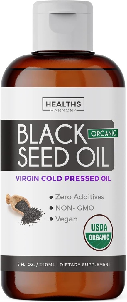 USDA Organic Black Cumin Seed Oil Liquid (8 л оз) Premium Cold-Pressed Nigella Sativa Producing Pure - Антиоксидантна добавка - Vegan, клейковина-Free, & Non-GMO (No Таблетки або капсули)