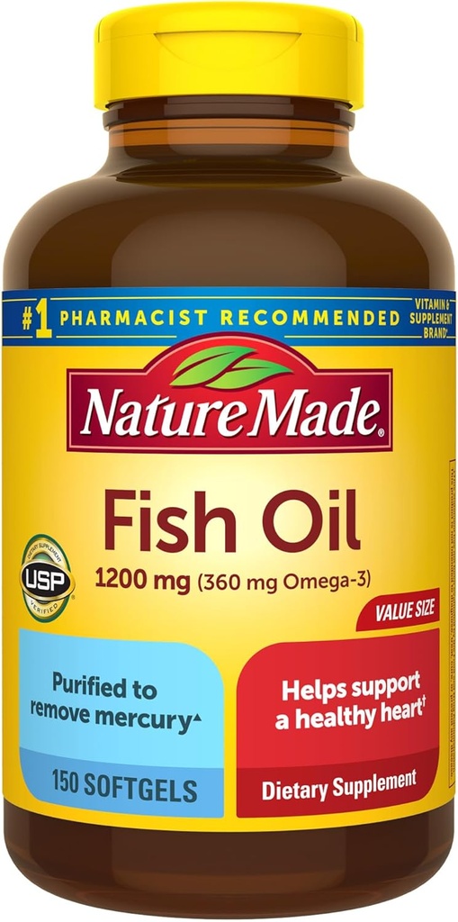 Nature Made Fish Omega 3 добавки, 1200 mg Softgels, Omega 3 Fish Oil for Healthy Heart Support, 150 Softgels, 75 Day Supply