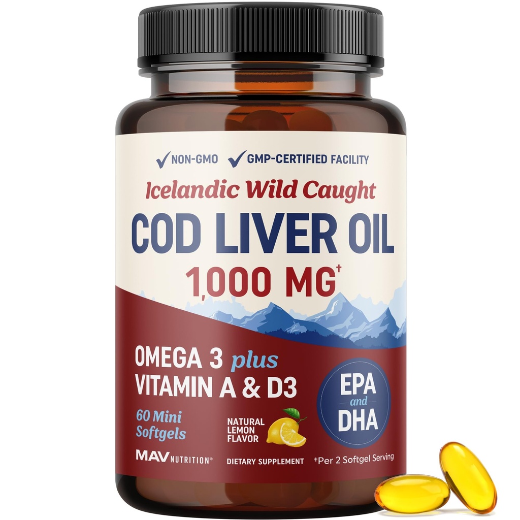 Cod Liver Oil Softgels 1000MG | Omega 3 + Vitamin A & D3 | Wild Caught Cod Liver Oil, Icelandic Sourced & Molecularly Distilled | EPA DHA Omega 3 Supplement for Bone & Immune Health | 60 Ct