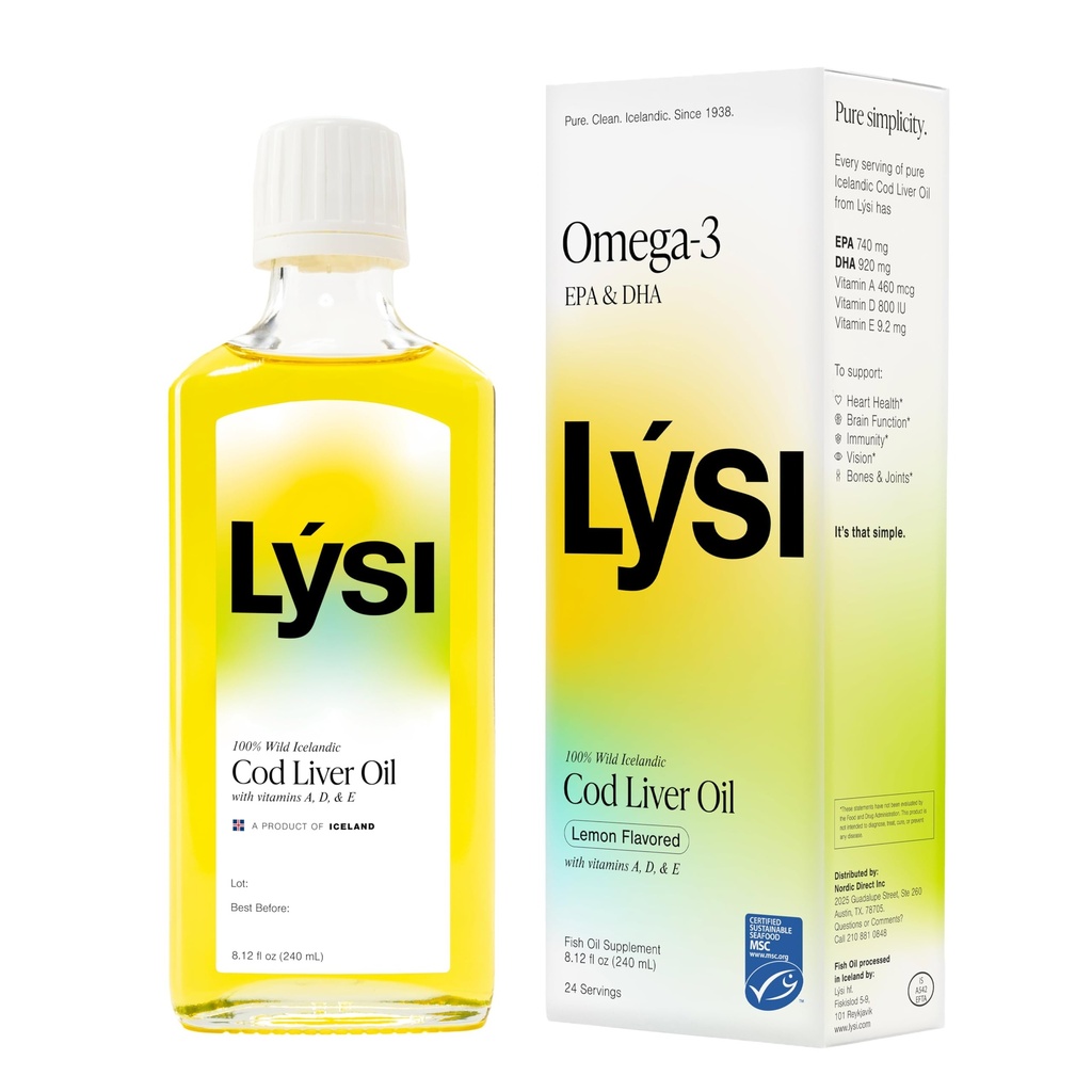 LYSI Icelandic Cod Liver Oil Liquid Supplement – 1,100 mg Omega-3 per Teaspoon – EPA 740 mg & DHA 920 mg per 2 TSP – with Vitamins A, D & E – Lemon Flavor 8.12 fl oz (24 Servings)